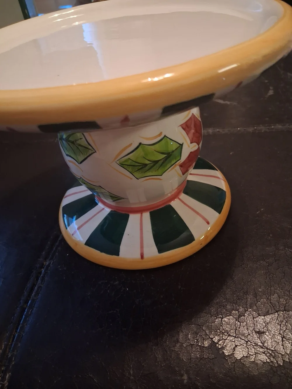Decorative Ceramic Pedestal Candle Holder in White, Yellow & Green
